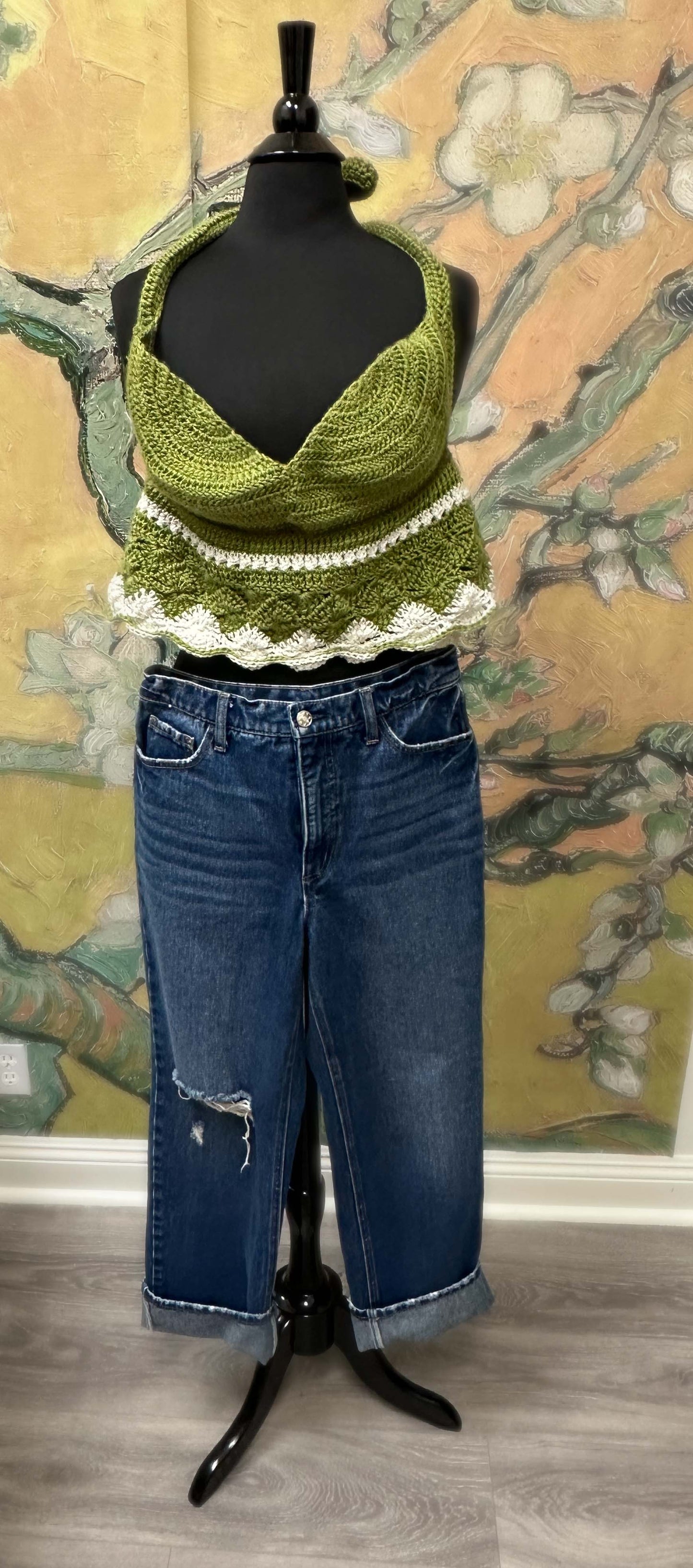 Olive and Crème Knit Halter Top