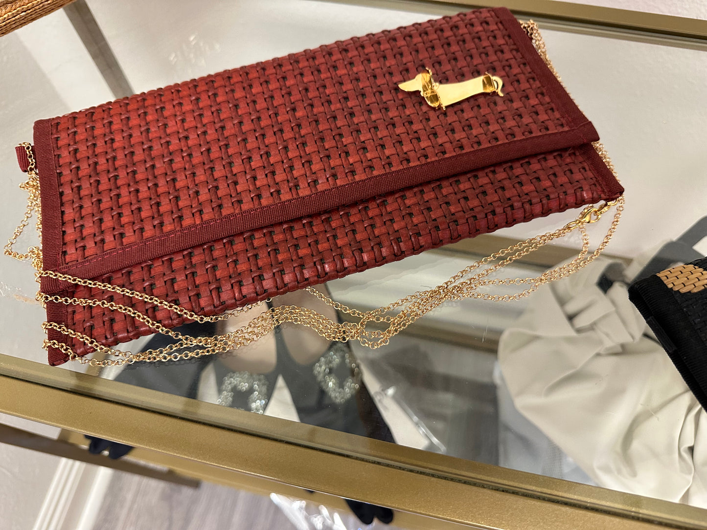 Deep Red Raffia Weiner Dog Clutch