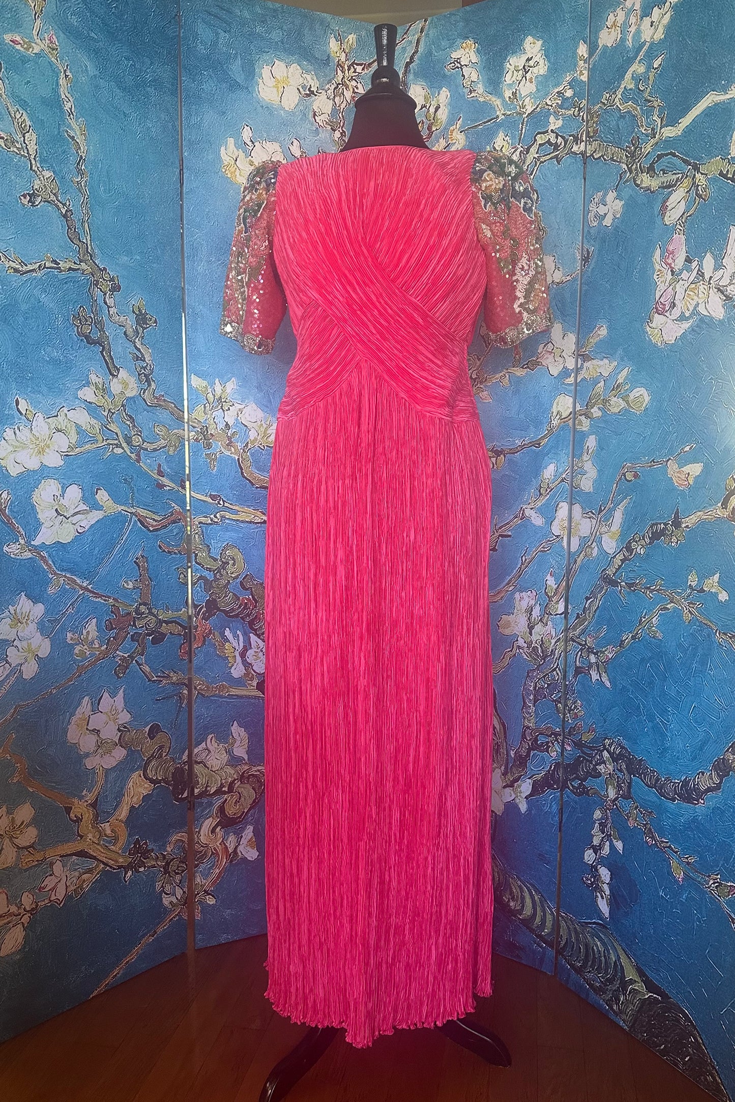 Vintage Mary McFadden Fuchsia Gown with Beaded Sleeves