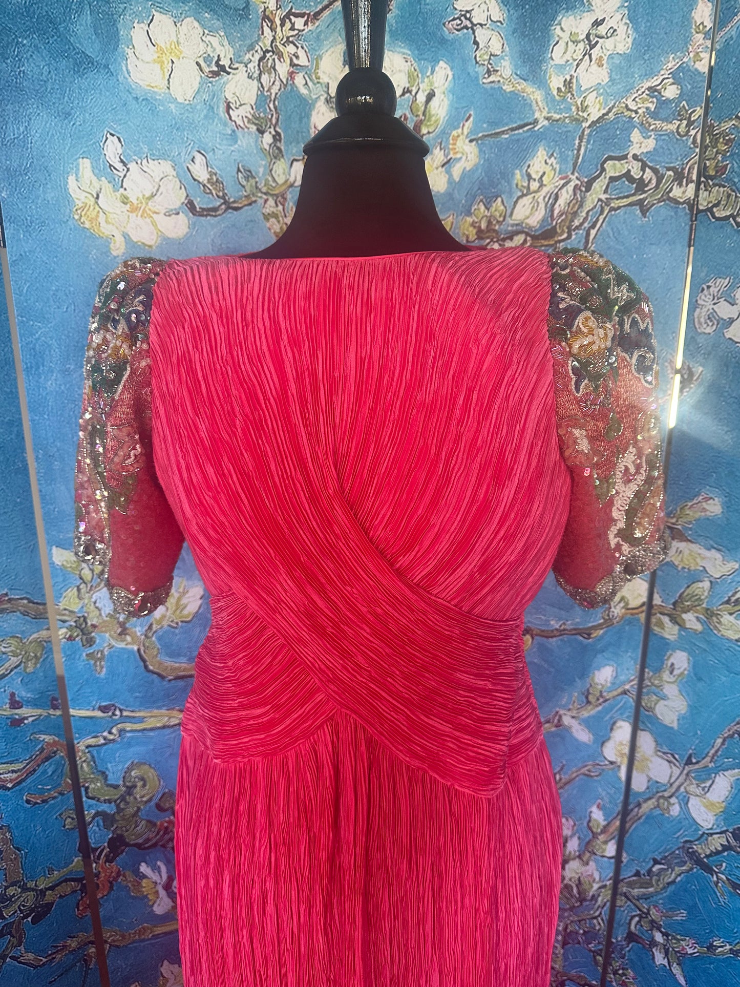 Vintage Mary McFadden Fuchsia Gown with Beaded Sleeves