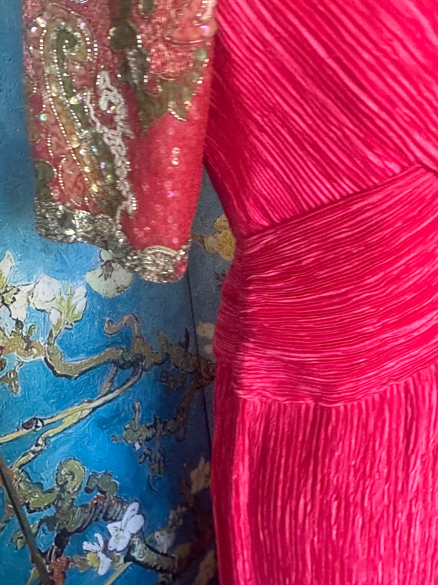 Vintage Mary McFadden Fuchsia Gown with Beaded Sleeves