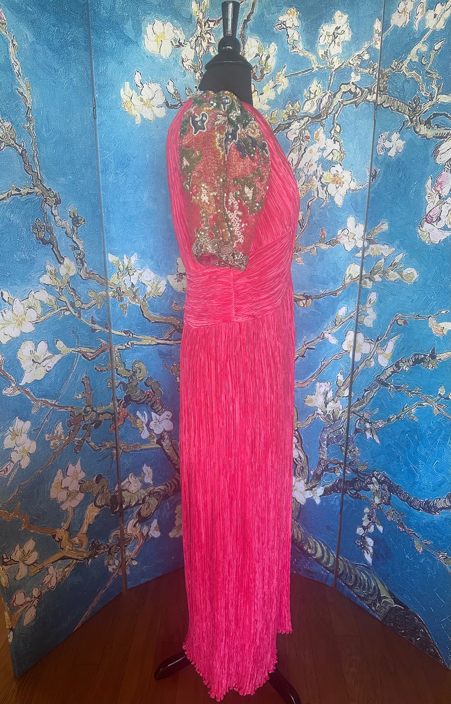 Vintage Mary McFadden Fuchsia Gown with Beaded Sleeves