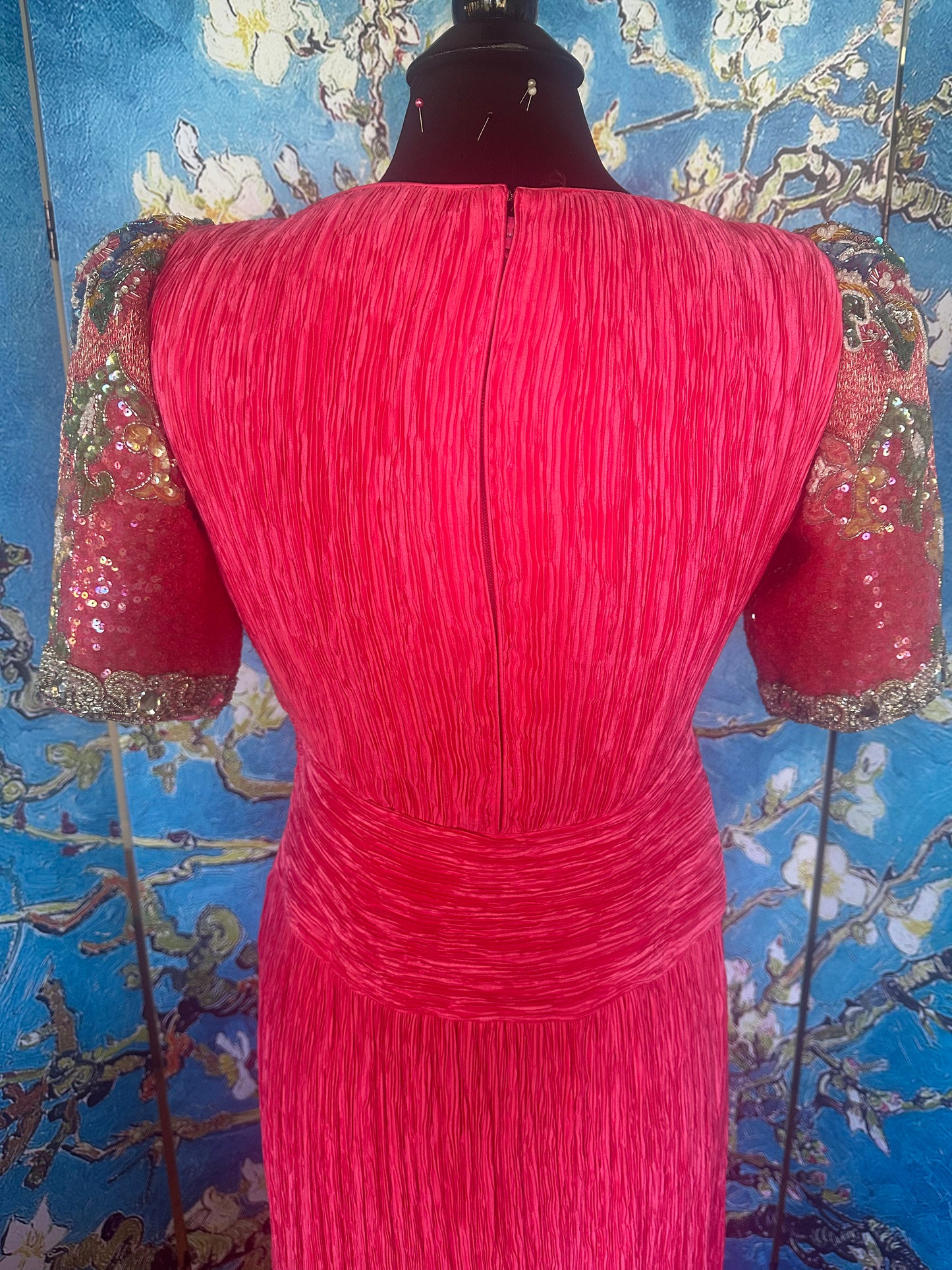 Vintage Mary McFadden Fuchsia Gown with Beaded Sleeves