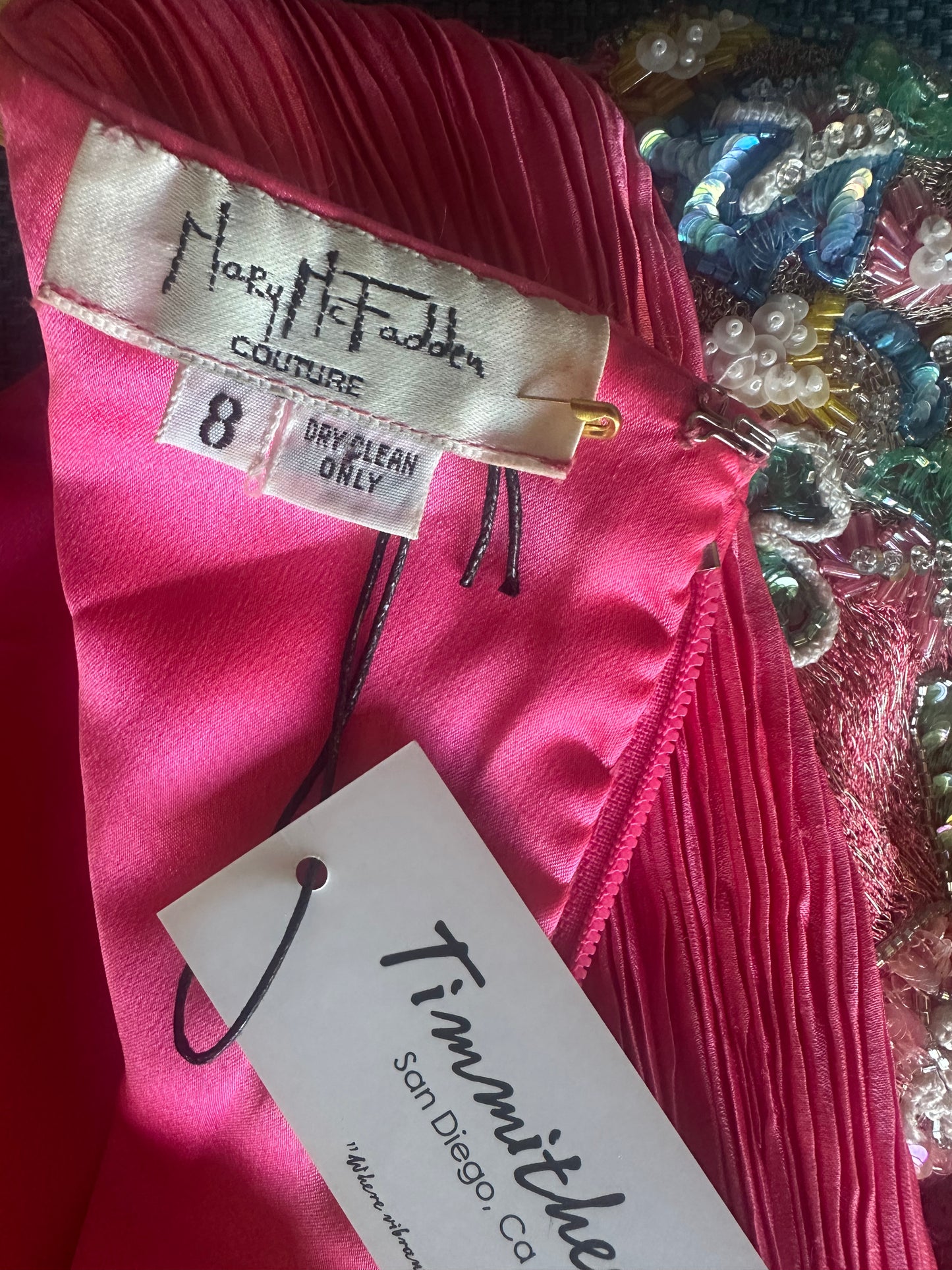 Vintage Mary McFadden Fuchsia Gown with Beaded Sleeves