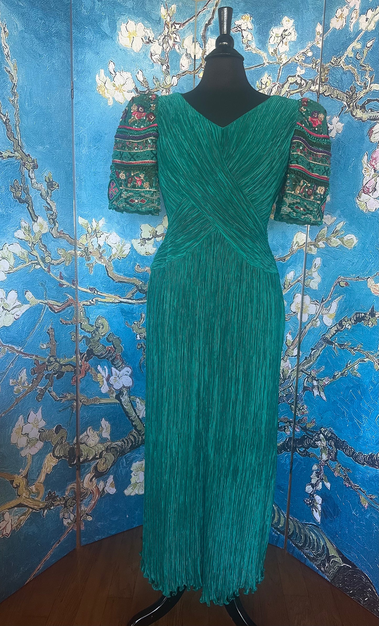 Vintage Mary McFadden Paolo Veronese Green Marii Pleated Gown with Beaded Sleeves