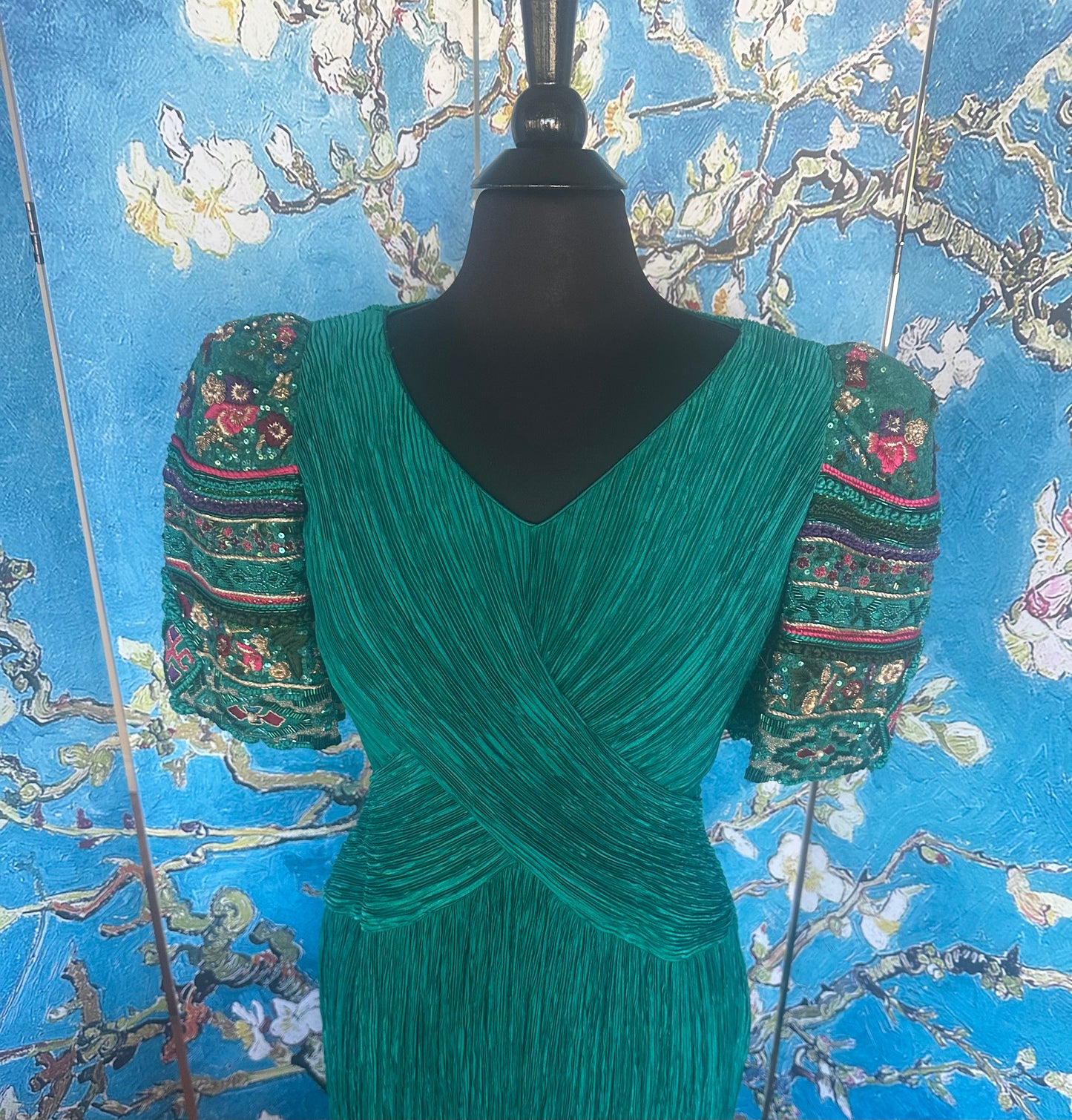 Vintage Mary McFadden Paolo Veronese Green Marii Pleated Gown with Beaded Sleeves