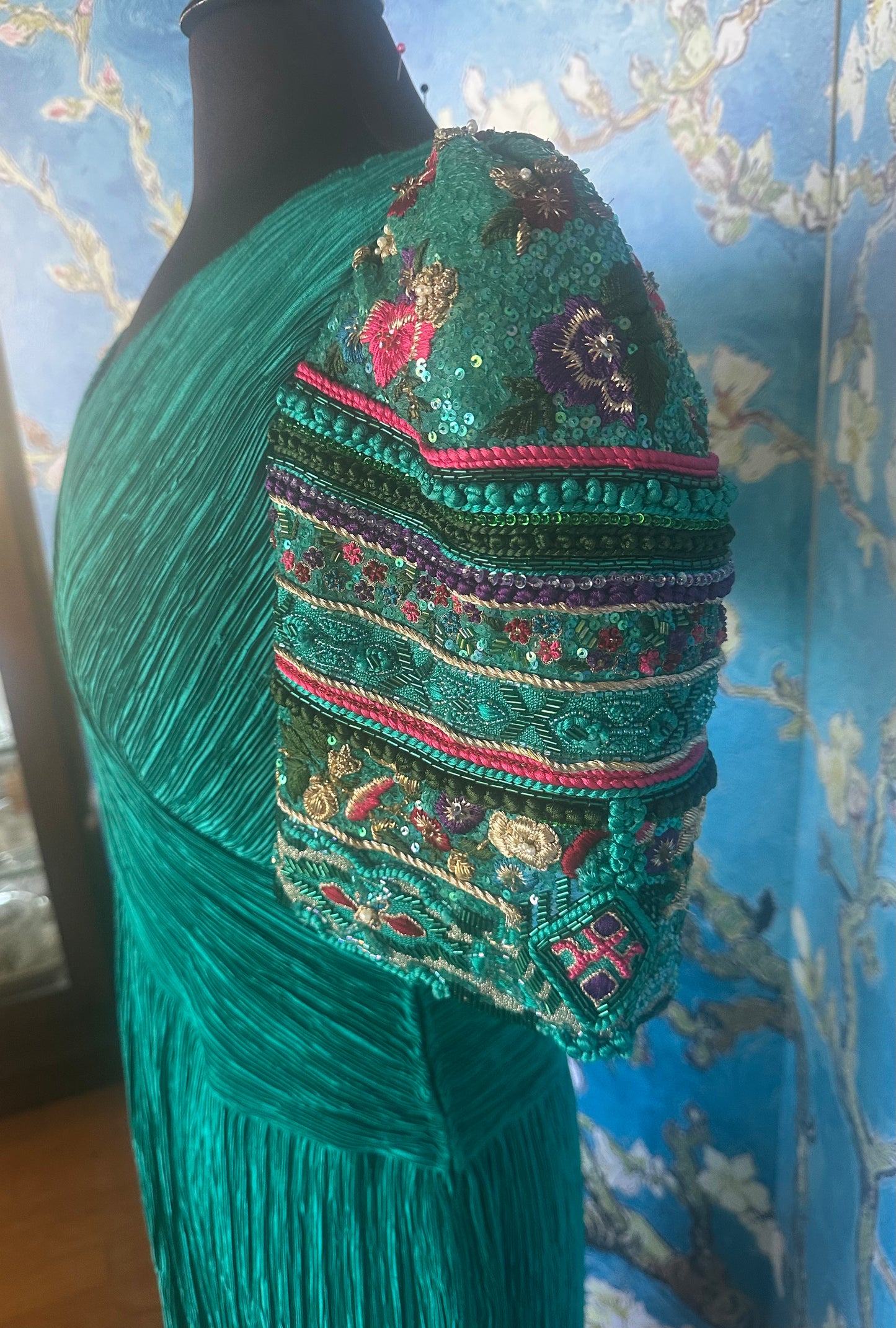 Vintage Mary McFadden Paolo Veronese Green Marii Pleated Gown with Beaded Sleeves