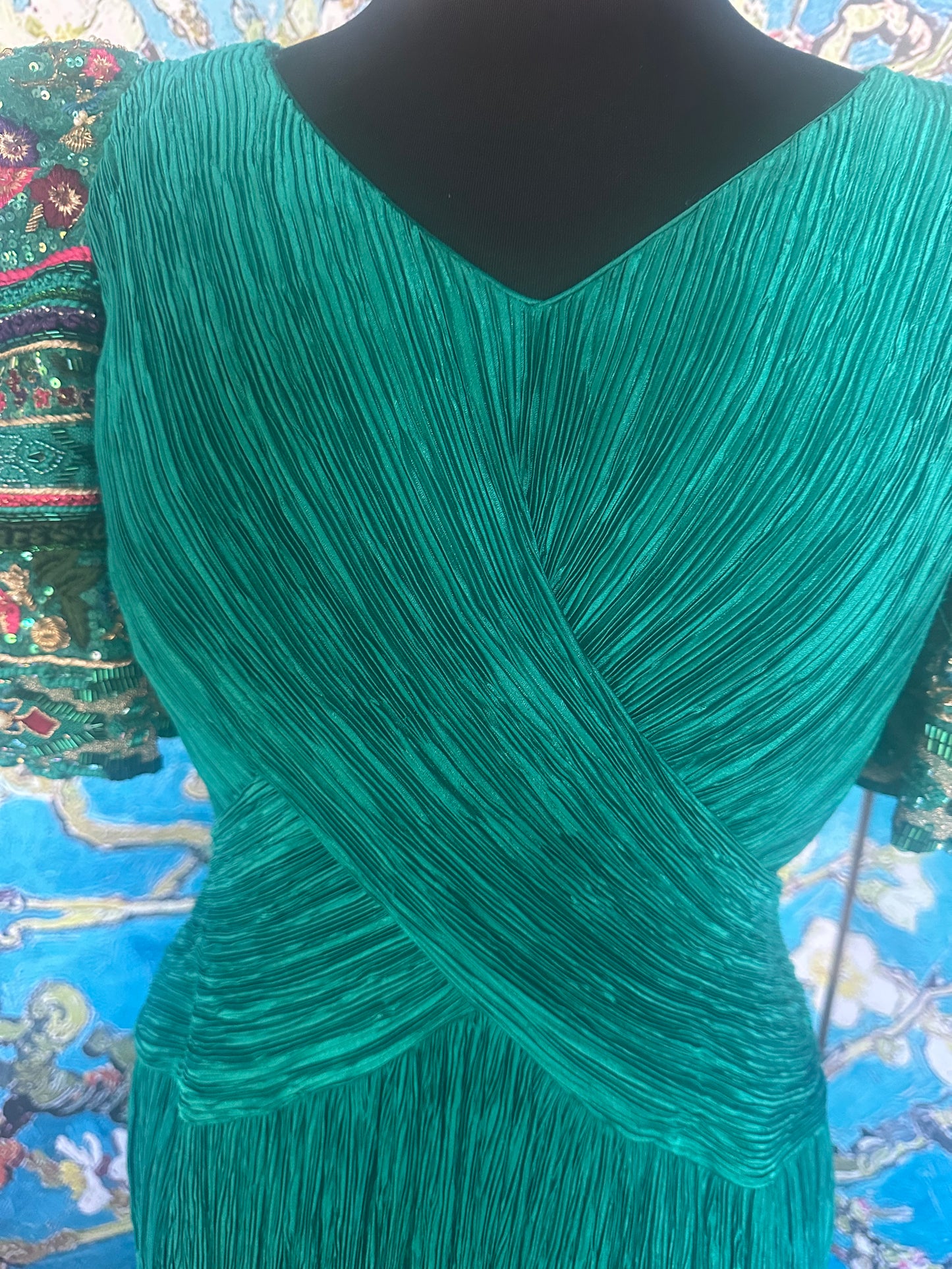 Vintage Mary McFadden Paolo Veronese Green Marii Pleated Gown with Beaded Sleeves