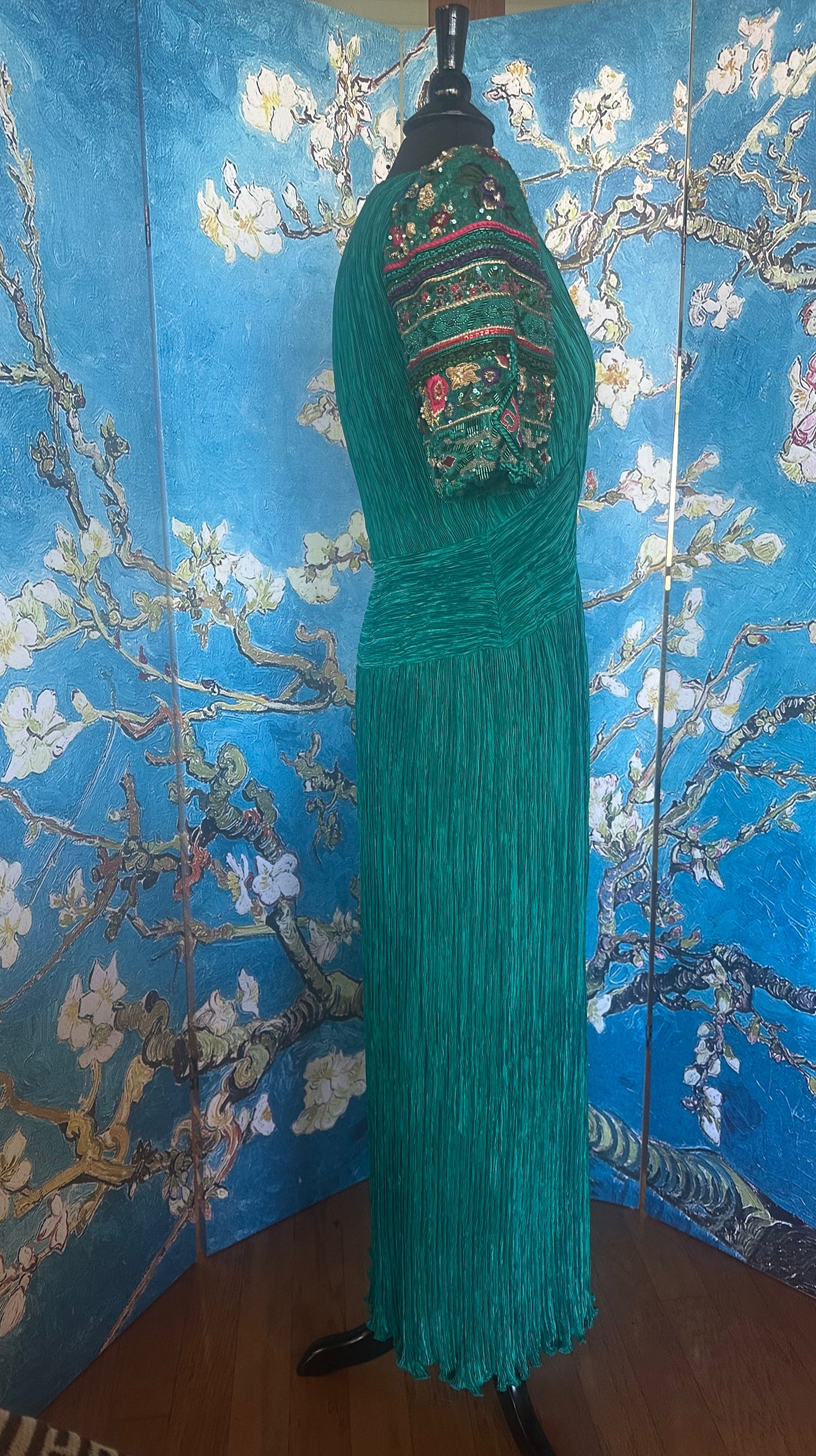 Vintage Mary McFadden Paolo Veronese Green Marii Pleated Gown with Beaded Sleeves