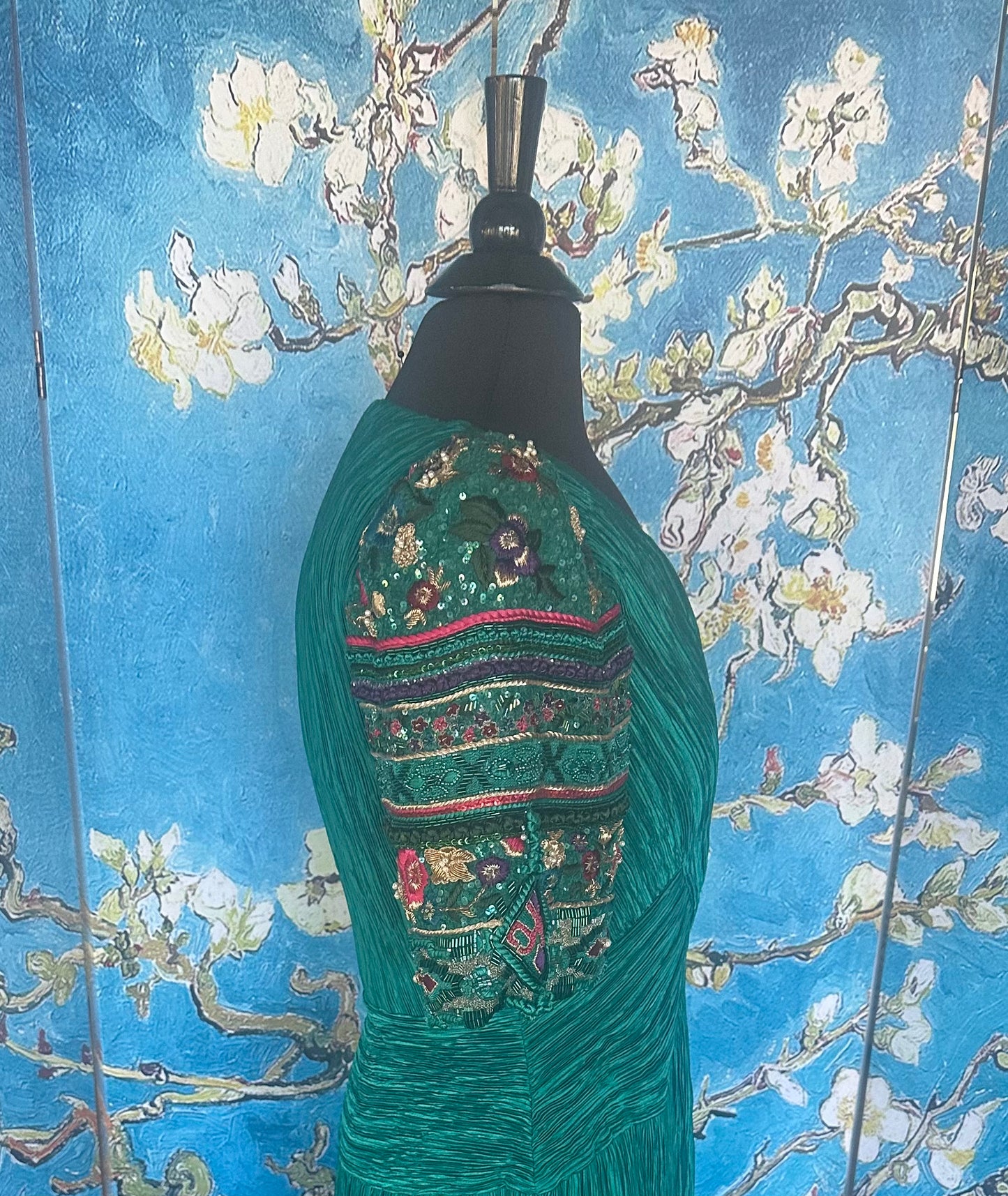 Vintage Mary McFadden Paolo Veronese Green Marii Pleated Gown with Beaded Sleeves