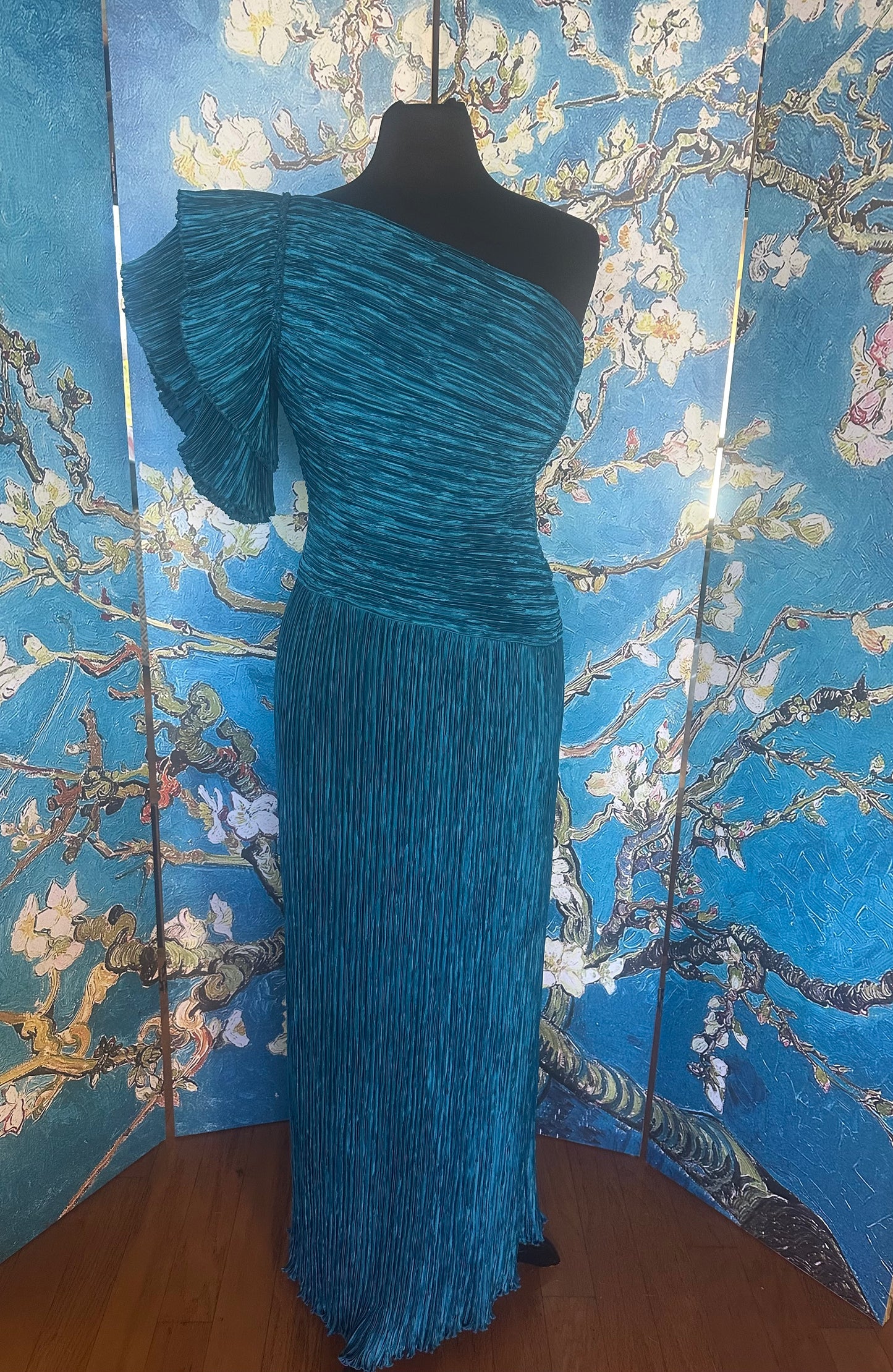 Vintage Mary McFadden Cerylean Blue Off-the-Shoulder Marii Pleated Gown