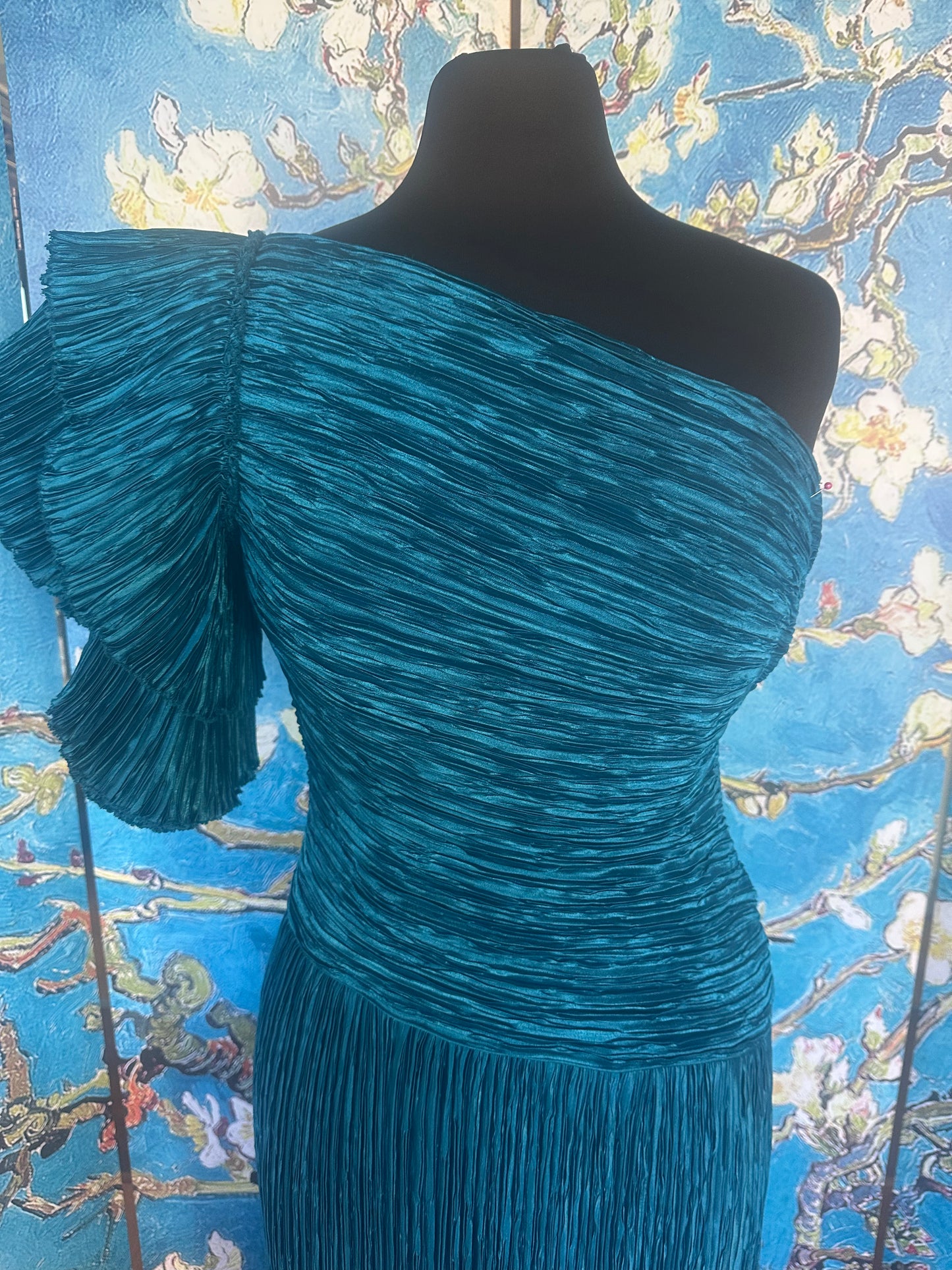 Vintage Mary McFadden Cerylean Blue Off-the-Shoulder Marii Pleated Gown