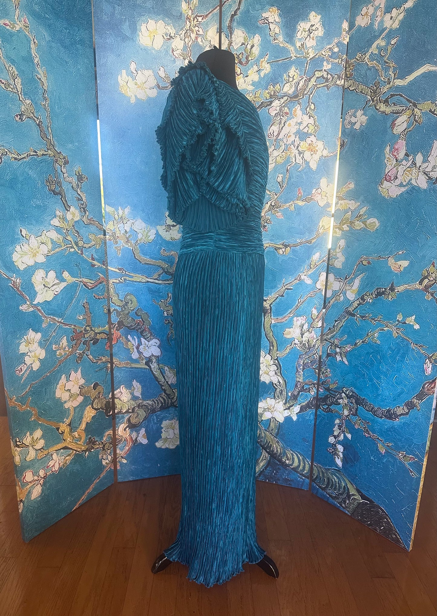Vintage Mary McFadden Cerylean Blue Off-the-Shoulder Marii Pleated Gown