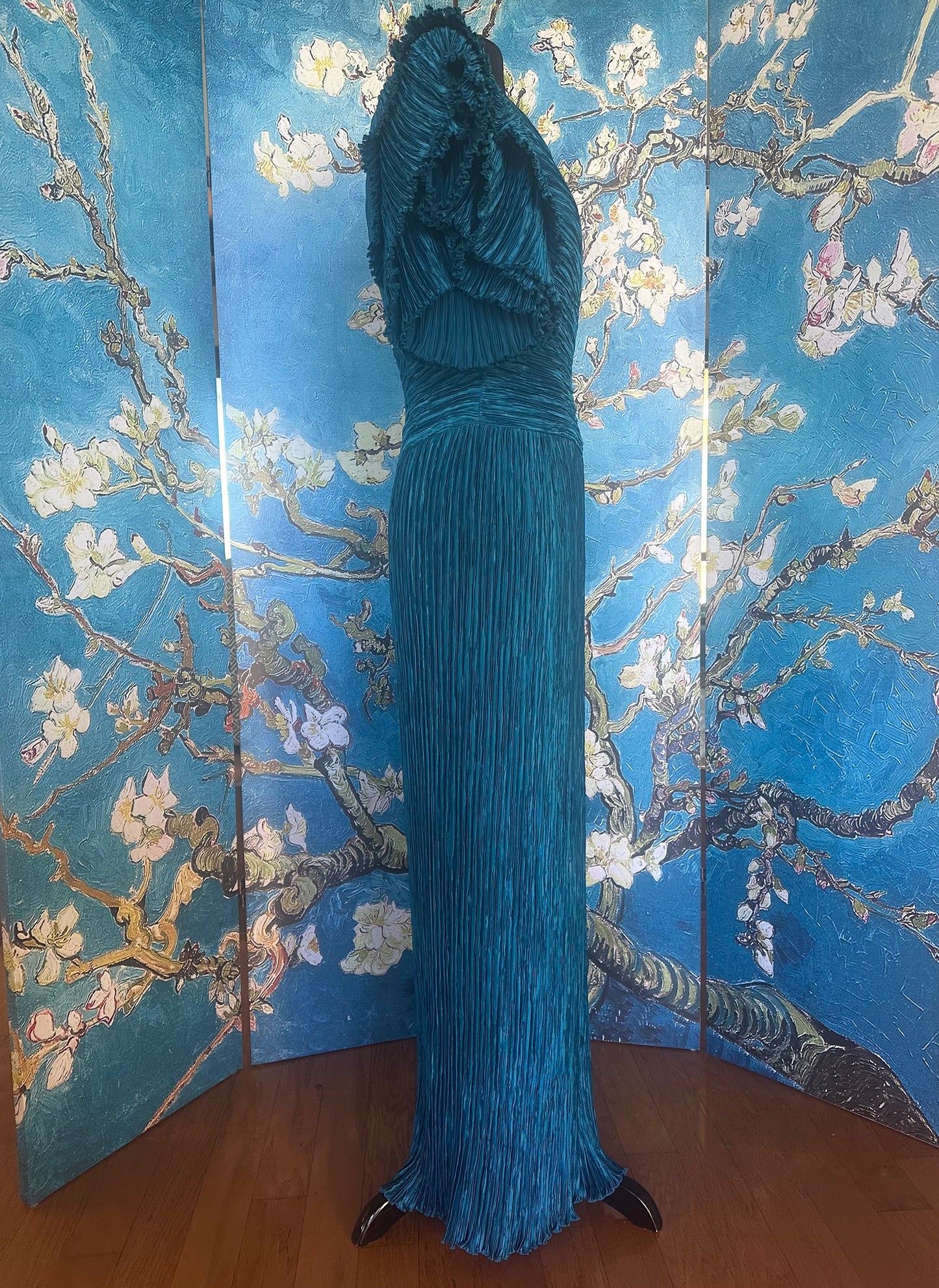 Vintage Mary McFadden Cerylean Blue Off-the-Shoulder Marii Pleated Gown