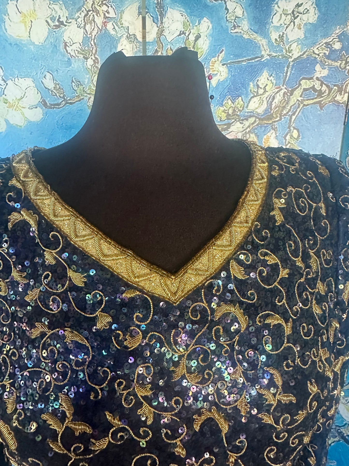 Vintage Mary McFadden Deep Blue Longsleeve Gold Beaded Gown