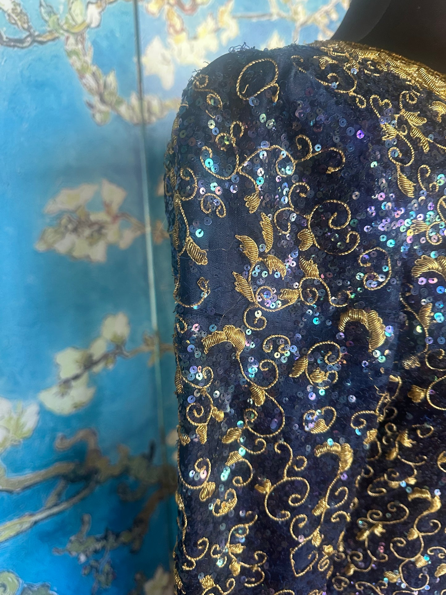 Vintage Mary McFadden Deep Blue Longsleeve Gold Beaded Gown