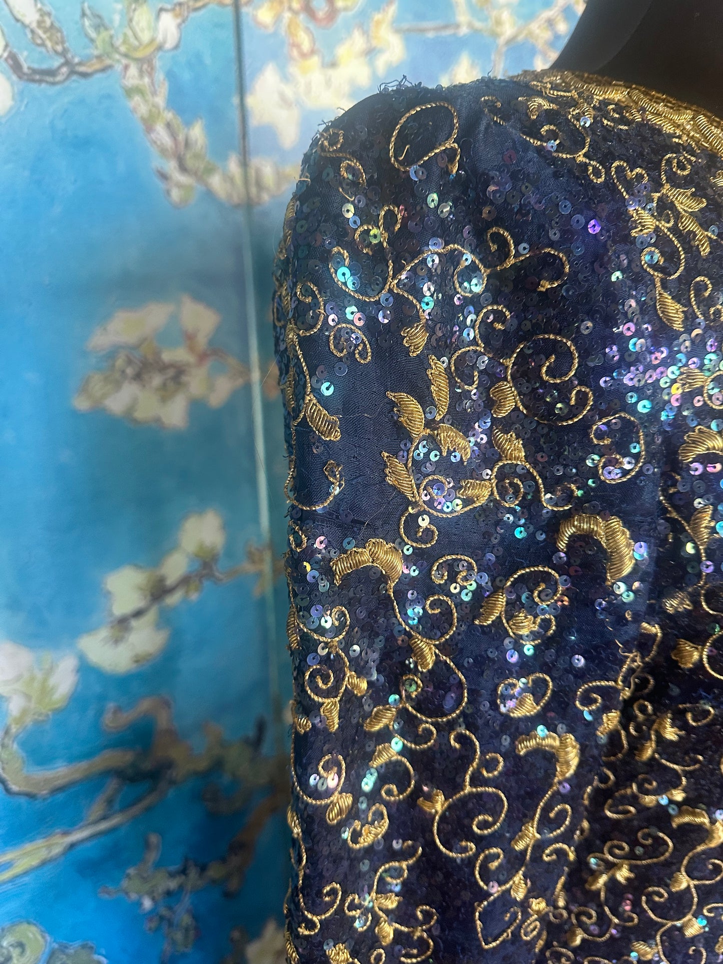 Vintage Mary McFadden Deep Blue Longsleeve Gold Beaded Gown