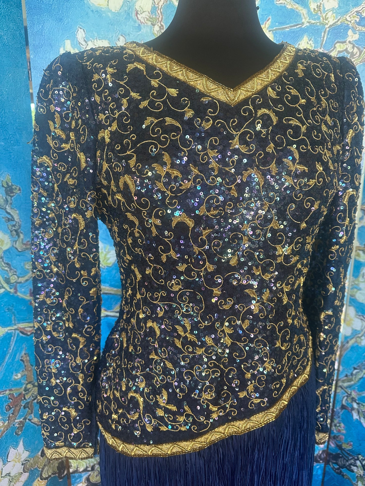 Vintage Mary McFadden Deep Blue Longsleeve Gold Beaded Gown
