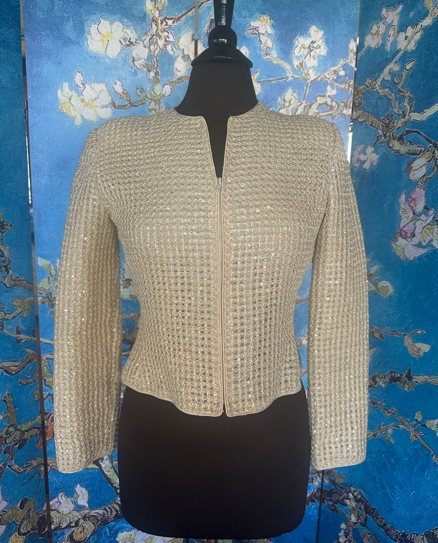 Vintage Mary McFadden Couture Ivory Sequin Zip-up Jacket