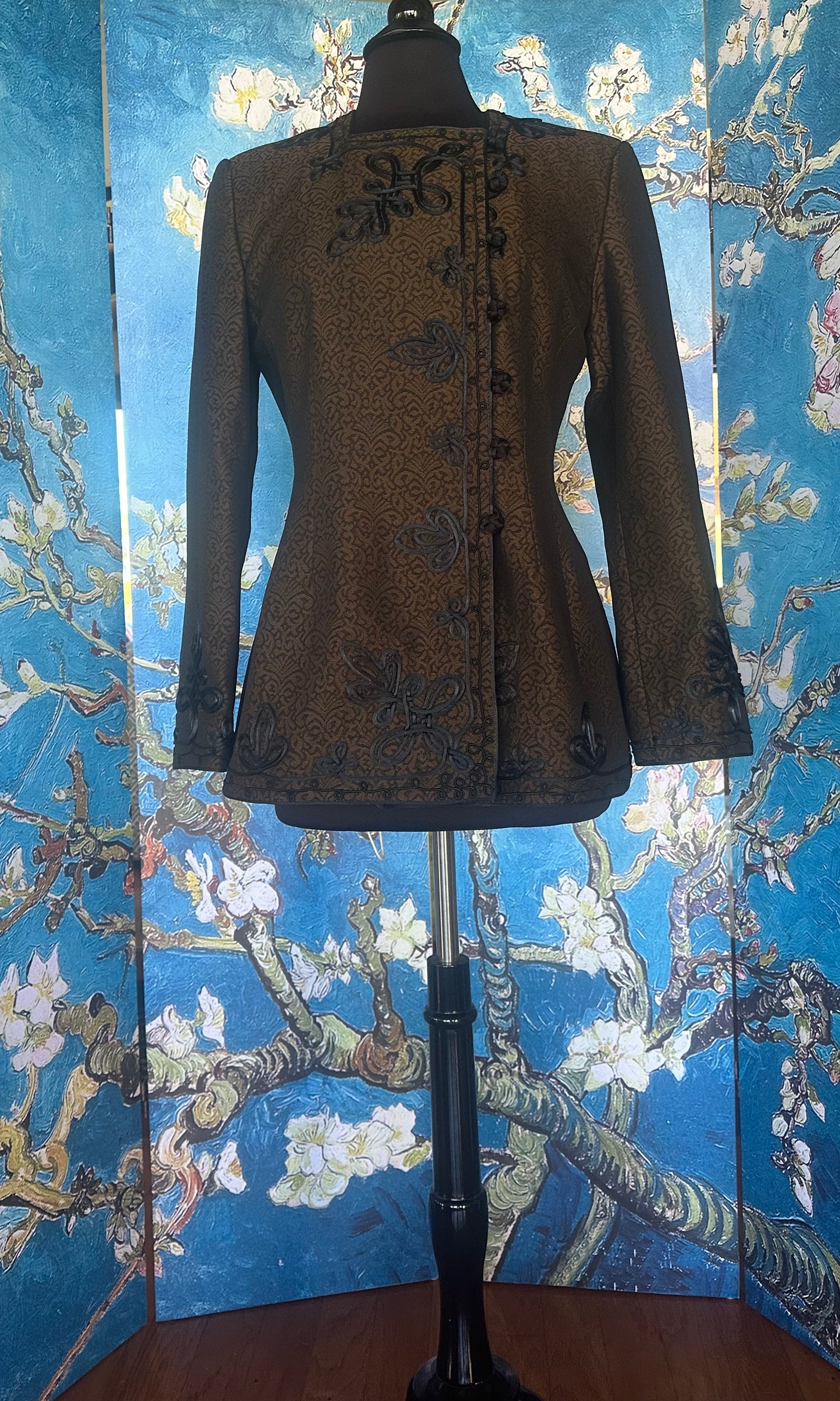 Vintage Mary McFadden Bronze and Black Jacquard Blazer with Black Satin Motifs