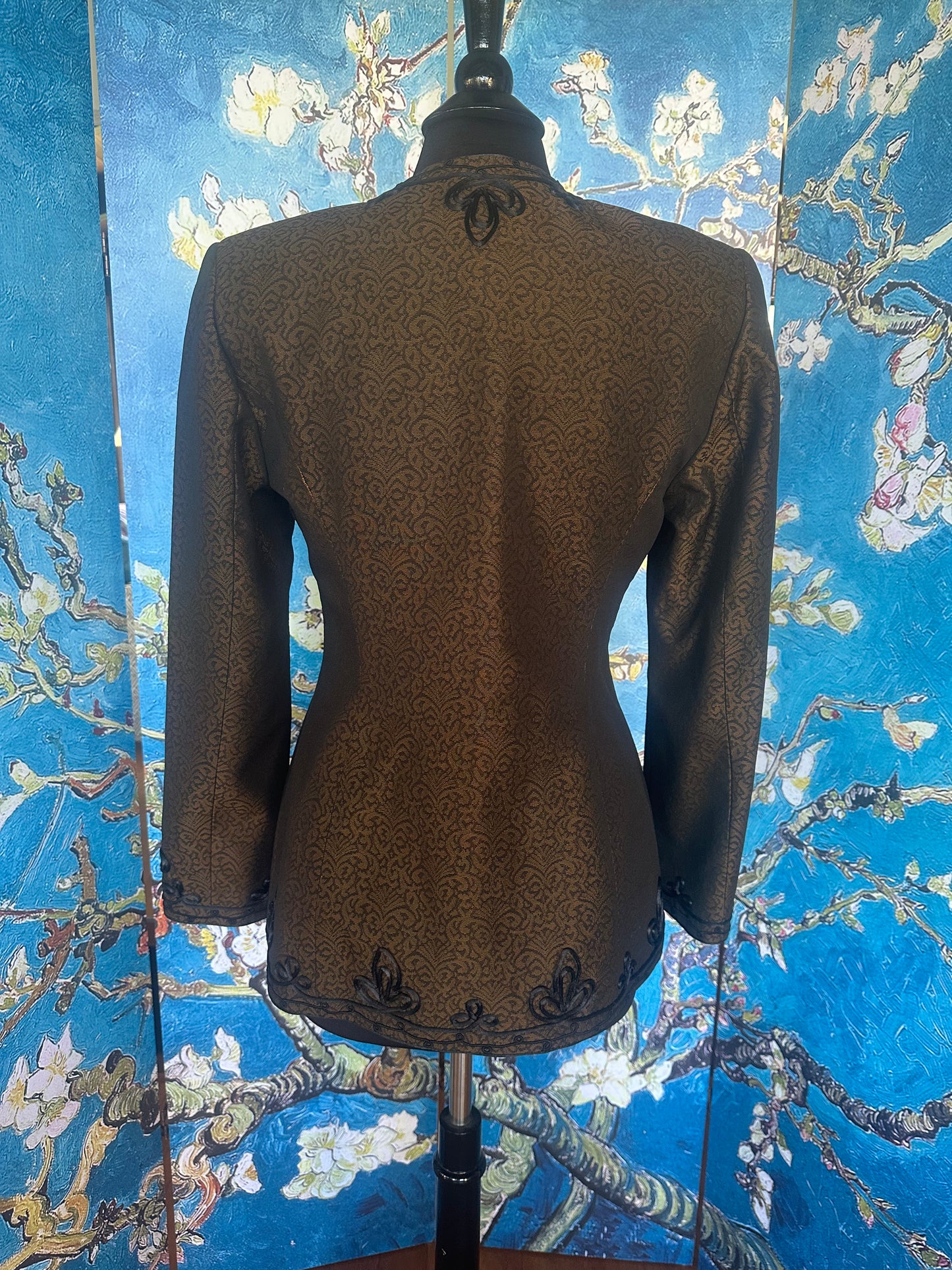 Vintage Mary McFadden Bronze and Black Jacquard Blazer with Black Satin Motifs