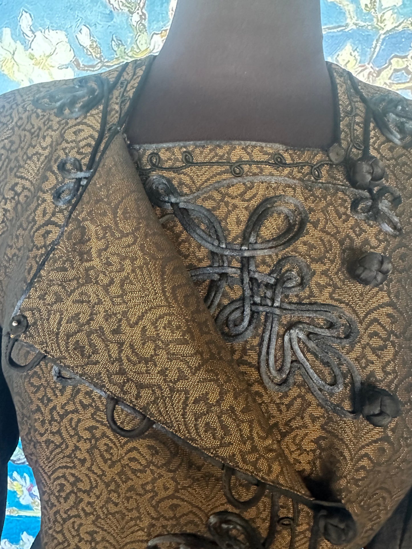 Vintage Mary McFadden Bronze and Black Jacquard Blazer with Black Satin Motifs