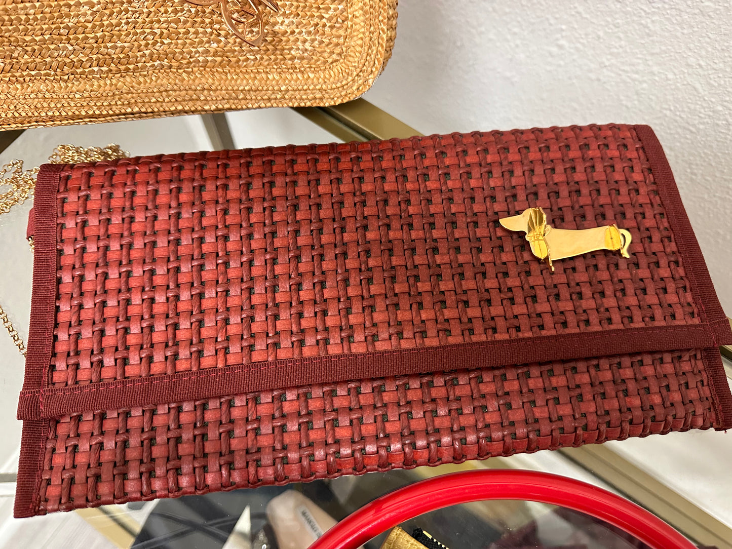 Deep Red Raffia Weiner Dog Clutch