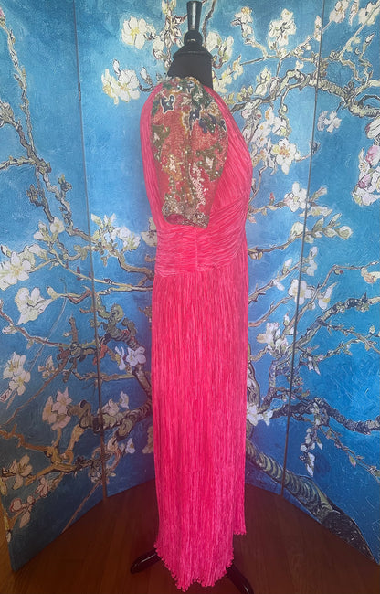 Vintage Mary McFadden Fuchsia Gown with Beaded Sleeves