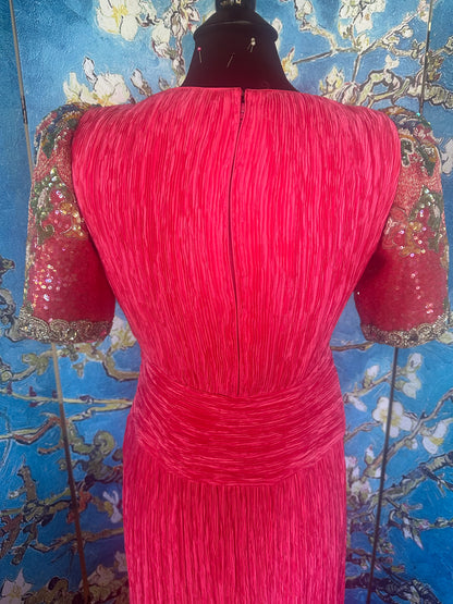 Vintage Mary McFadden Fuchsia Gown with Beaded Sleeves