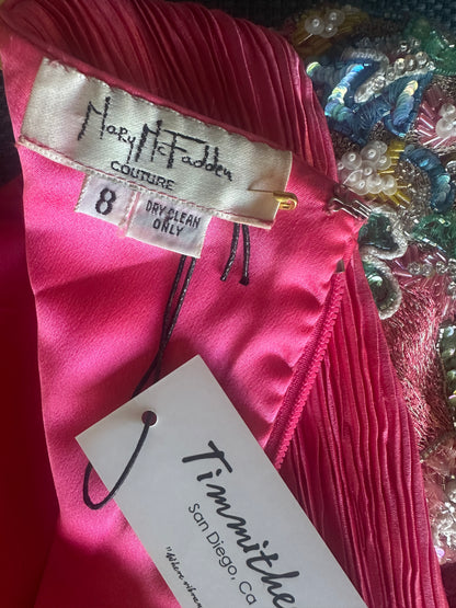 Vintage Mary McFadden Fuchsia Gown with Beaded Sleeves