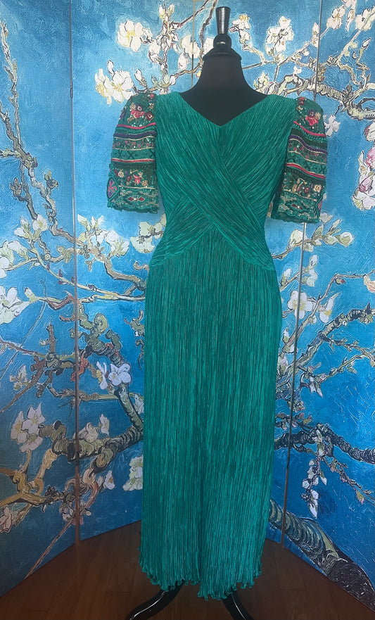 Vintage Mary McFadden Paolo Veronese Green Marii Pleated  Gown with Beaded Sleeves