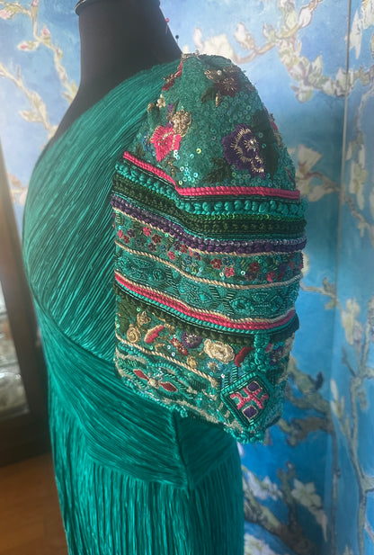 Vintage Mary McFadden Paolo Veronese Green Marii Pleated  Gown with Beaded Sleeves