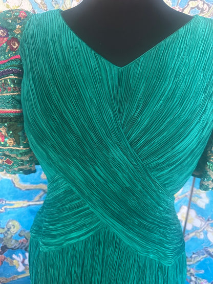 Vintage Mary McFadden Paolo Veronese Green Marii Pleated  Gown with Beaded Sleeves