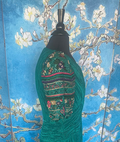 Vintage Mary McFadden Paolo Veronese Green Marii Pleated  Gown with Beaded Sleeves