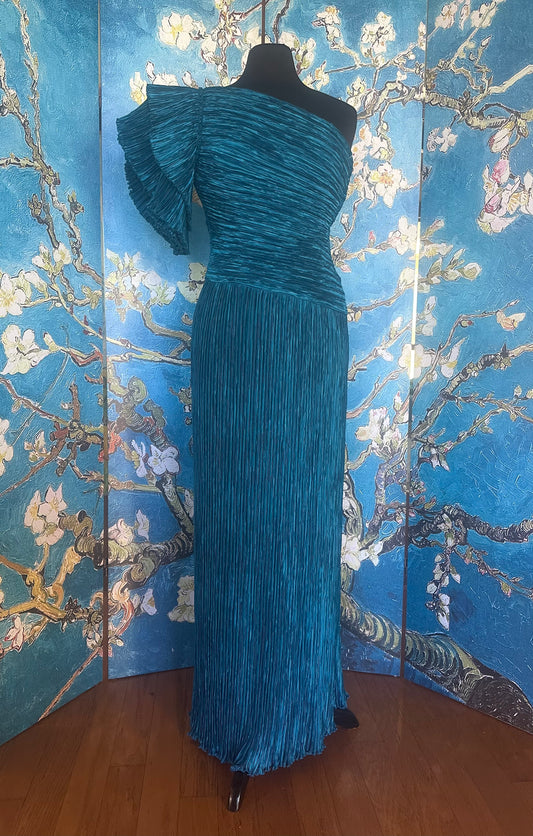 Vintage Mary McFadden Cerylean Blue Off-the-Shoulder Marii Pleated Gown