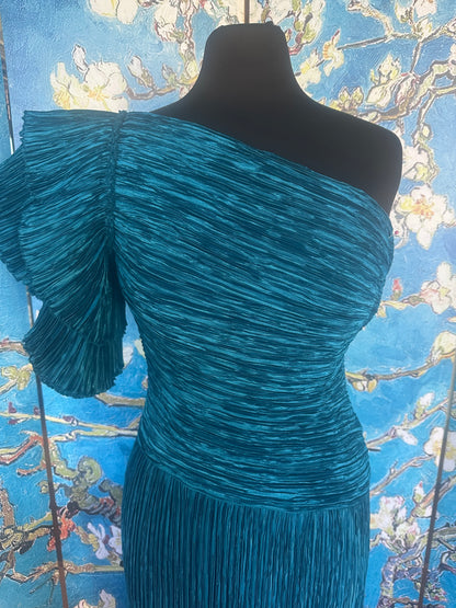 Vintage Mary McFadden Cerylean Blue Off-the-Shoulder Marii Pleated Gown