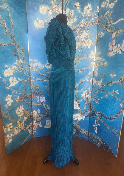 Vintage Mary McFadden Cerylean Blue Off-the-Shoulder Marii Pleated Gown