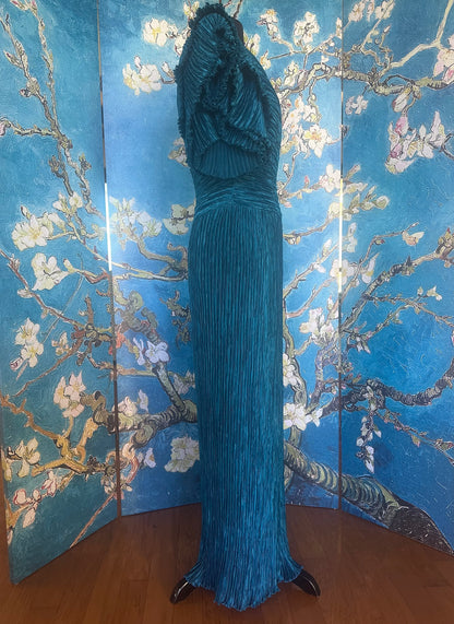Vintage Mary McFadden Cerylean Blue Off-the-Shoulder Marii Pleated Gown