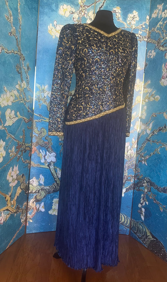 Vintage Mary McFadden Deep Blue Longsleeve Gold Beaded Gown
