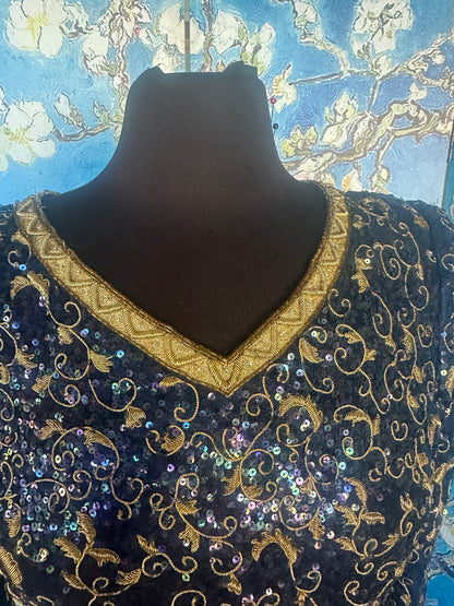 Vintage Mary McFadden Deep Blue Longsleeve Gold Beaded Gown