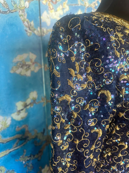 Vintage Mary McFadden Deep Blue Longsleeve Gold Beaded Gown