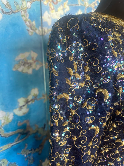 Vintage Mary McFadden Deep Blue Longsleeve Gold Beaded Gown