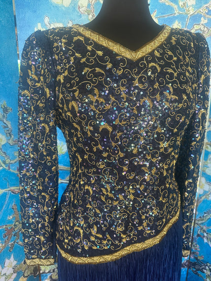 Vintage Mary McFadden Deep Blue Longsleeve Gold Beaded Gown