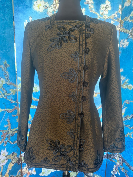 Vintage Mary McFadden Bronze and Black Jacquard Blazer with Black Satin Motifs