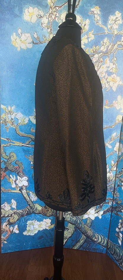 Vintage Mary McFadden Bronze and Black Jacquard Blazer with Black Satin Motifs
